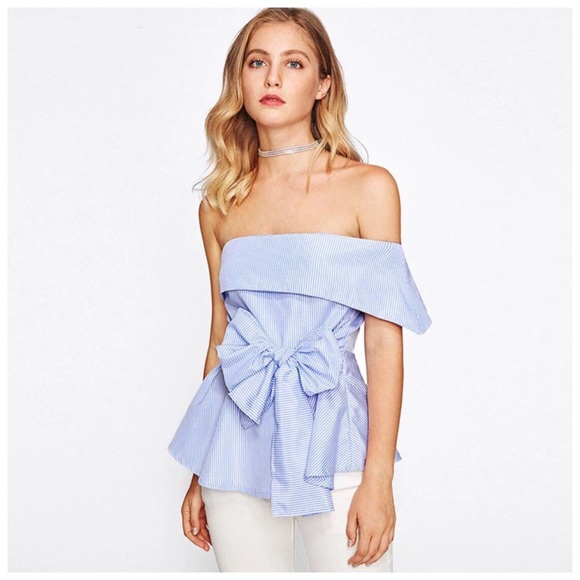 Blue & White Stripe Asymmetrical Collar Top - Picture 5 of 7